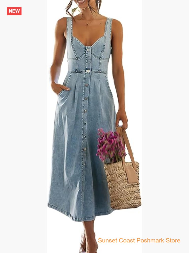 Sleeveless Smocked Denim Babydoll Dress With Pockets Midi